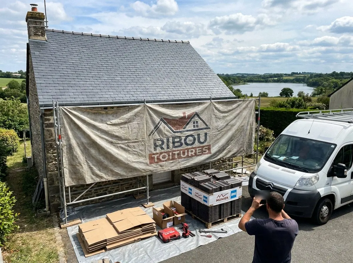 Maison en pierre près de Cholet, toiture en ardoise refaite par Ribou Toitures, bâche de l'entreprise sur l'échafaudage et lac de Ribou en contrebas